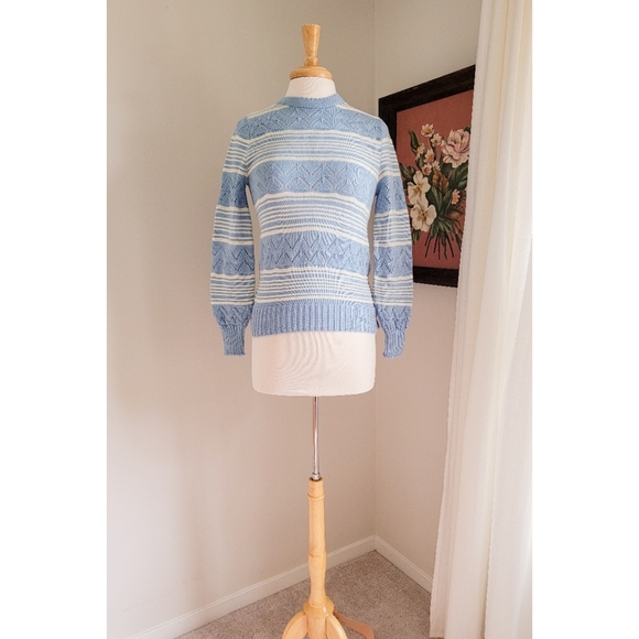 70s Pointelle Long Sleeve Cutwork 1970s Vintage Blue Striped Vintage Sweater - Picture 7 of 16